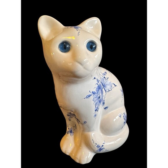 Ceramic Seated Cat Figurine Large 8.5”Floral Hand Painted Portugal Porcelain - Picture 7 of 11